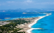 An aerial photo of a beach in Formentera with a view to Ibiza